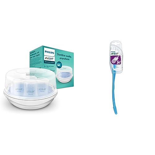 Philips Avent Mikrowellen Sterilisator, Dampf-Sterilisator für bis zu 4 Babyflaschen, Schnuller und Zubehör, weiß (Modell SCF281/02) & Avent Flaschen- und Saugerbürste (Modell SCF145/06)