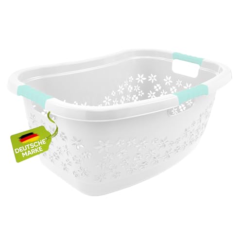 Cesto portabiancheria ergonomico bianco/acquamarina, 50 l, con manici soft touch