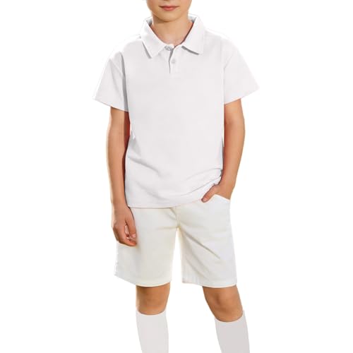 Boys School Uniform 3 Piece Outfits Short Sleeve Polo Shirts and Shorts with Crew Socks Clothing (White, 15-16 Years)