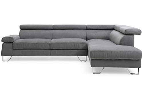 Menzzo Canapé d’Angle Droit Quentin Velours Gris foncé – canapé avec têtières relevables...
