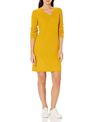Amazon Essentials Women's Soft Ribbed Long Sleeve V-Neck Knee Length Classic Fit Sweater Dress, Gold, Small