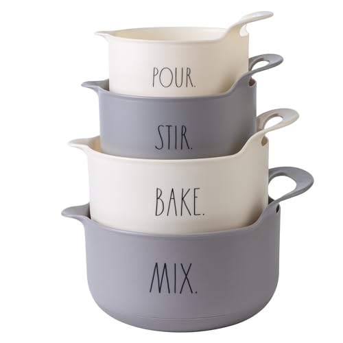 Rae Dunn Non-Slip Mixing Bowls - 4 Piece Nesting Plastic Mixing Bowl Set with Pour Spouts and Handles-Measurement Markings (Grey)