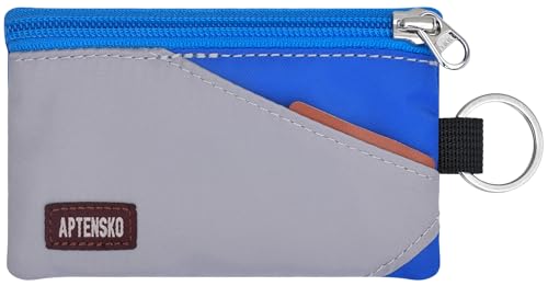 Image of RFID Blocking Travel Wallet with Adjustable Lanyard, Small Nylon Zipper Pouch and Badge Holder for ID, Credit Cards, Cash, Keys, Commuters (Grey+Blue)