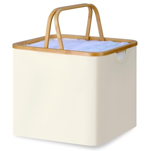 60L Laundry Basket,Laundry Hamper with Bamboo Handle,Collapsible Laundry Baskets,Dirty Clothes Hamper for College Dorm, Family,Beige