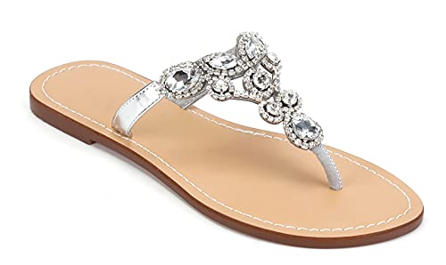 Image of Women's Rhinestone Flat Sandals, Women Flip Flops with Clip Toe RingBeadeed Rhinestone Crystal Jeweled Sandal Shoes for Summer Beach Oceanside Holiday Outdoor