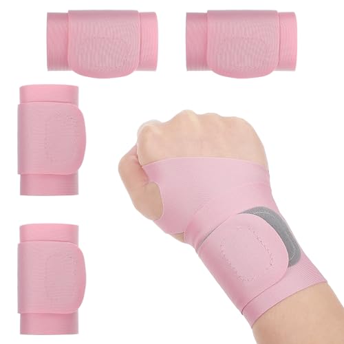 TIESOME 4 Pack Thin Compression Wrist Brace, Wrist Support for Men & Women Day/Night Wraps Soft & Comfortable (Pink)