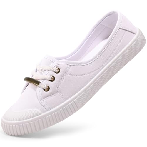 Harvest Land Womens Canvas Shoes Low Top Flat Gym Sports Pumps Trainers Lace Up Flat Ladies Girls Fashion Pumps White UK 6