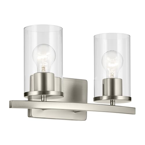 Image of Kichler Crosby 15.25 inch 2-Light Bathroom Vanity Light Fixture with Clear Glass Shades in Brushed Nickel for Modern Powder Room Over Mirror Wall Mount (15.25 inch x 8.75 inch), 45496NICLR