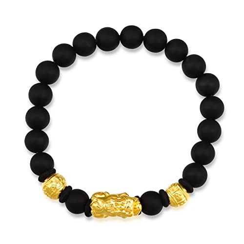 CHOW SANG SANG Cultural Blessings 999 24K Solid Gold Om Mani Padme Hum Pixiu with Black Chalcedony Beaded. Beads Blessing Bracelet for Men & Women 91024B | Size 6