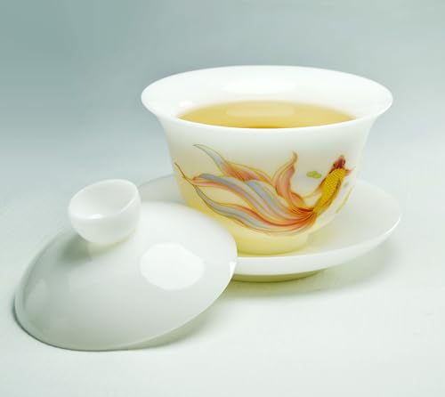 Image of Liang baobao Ice Jade White Porcelain Gaiwan,5oz Teacup Suet-fat Jade Porcelain Chinese Tea Cup Set for Gongfu Tea (fish)