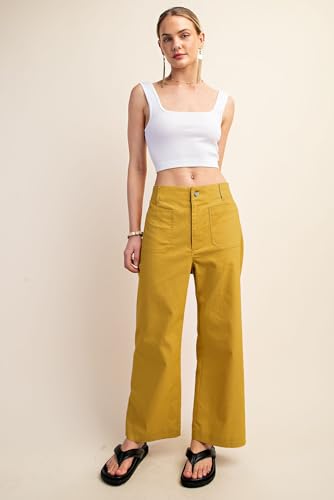 Miduo Womens Pants 2024 Casual Button High Waisted Cropped Capris Wide Leg Straight Leg Pants With Pockets Yellow 27 thumb #3