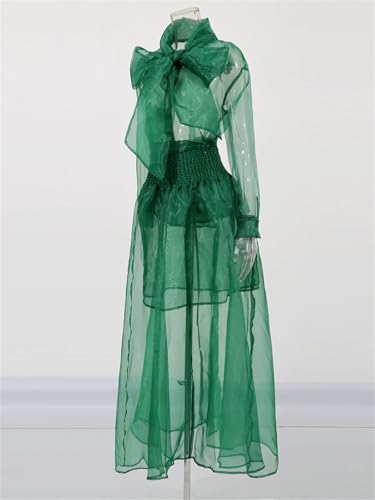 Women's Sheer Top Set - Round Neck Long Sleeve Bowknot & Skirt4