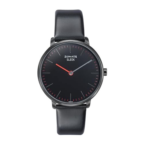 Image of Sonata Sleek Quartz Analog Black Dial Black Leather Strap Watch for Women-8191NL01