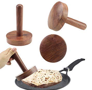 Satisfactory Nation Wooden Chapati Press Roti Fluffer Paratha Indian Acupressure Datta Press Long Life Carved Solid Wood Dark Brown Roti Press