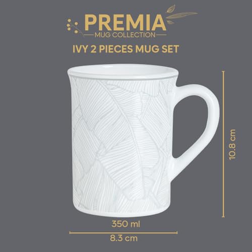 Image of Larah by BOROSIL 350ml x 2pc Opalware Ivy Tea /Coffee Mug Set, Microwave & Dishwasher Safe Embossed Design Crockery Ideal for Daily Use & Gifting