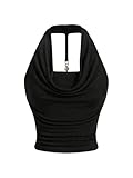 GORGLITTER Women's Cowl Neck Ruched Halter Top Draped Metal Decor Slim Fit Elegant Tops Black Large
