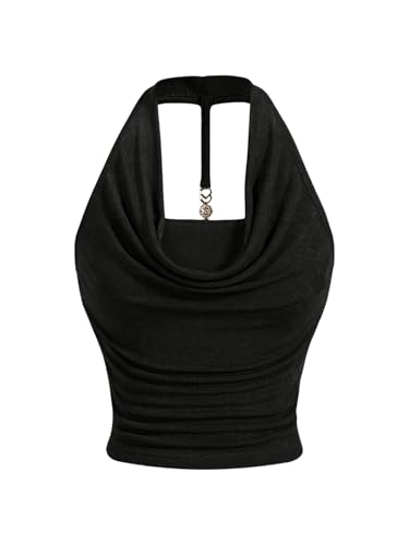 Milumia Women Ruched Halter Y2k Crop Tops Backless Cowl Neck Sleeveless Shirts Black Medium