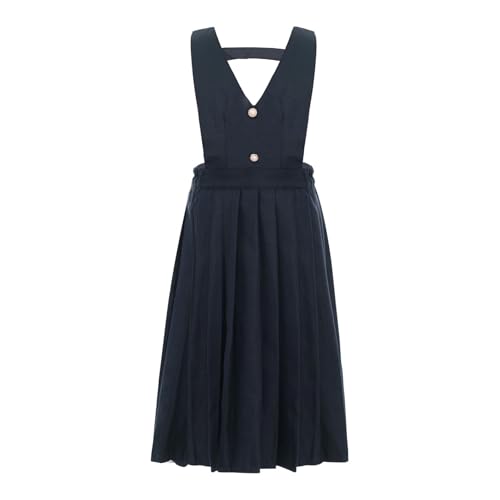 Jugaoge Mädchen Latzkleid Knielang Trägerkleid mit Plissee Rock Ärmelloses Tunika Kleid Basic Einfarbig Herbst Winter Schuluniform Navy blau...