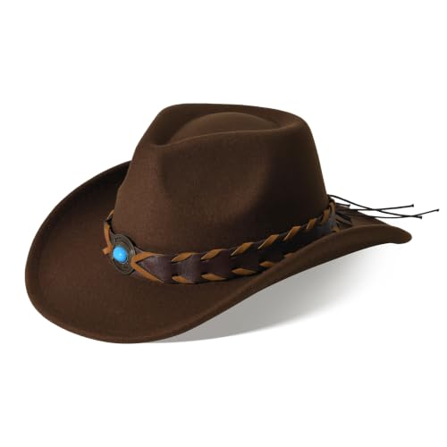 Image of Classic Western Cowboy Hat Cowgirl Hat Unisex Men's & Women's Wide Brim Felt Fedora Hat Flat Top with Buckle Belt