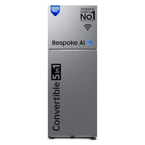 Image of Samsung 330 L, 3 Star, Convertible 5-in-1, Digital Inverter, Frost Free Double Door, WiFi Enabled Bespoke AI Refrigerator (RT34DG5A4DSLHL, Real Steel, Silver)