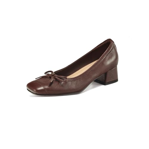 TinaCus Women's Square Toe Genuine Leather Cute Bowknot Low Chunky Heels Handmade Pumps Shoes