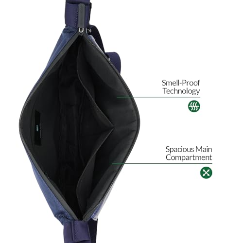The Lowkey Crossbody Bag Unisex Carbon Lined Lightweight Water Resistant Sling with Wide Shoulder Strap for Men & Women. Hidden Pocket, Travel, Fashion, Leather & Polyester in Blue & Everyday Use4