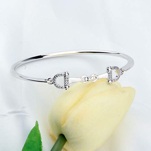 Feelmem Horse Snaffle Bit Plated Cubic Zirconia Crystal Easy Hook Clasp Charm Bangle Bracelet Equestrian Jewelry Good Luck Gift For Horse Lover Girl Woman Teen (Silver) #TOP2