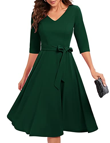 Bbonlinedress Vestido de Fiesta Cóctel Vintage para Muejeres Bada Graduación Dama de Honor Midi Mangas 3/4 Cuello V con Cinturón Dark Green M Cover