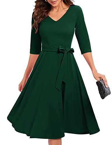 Bbonlinedress Abiti Rockabilly Donna Manica a 3/4 Scollo a V Manica Lunga Midi Abiti da Festa per Matrimonio Abito da Cocktail Vintage con Tasche Dark Green XL