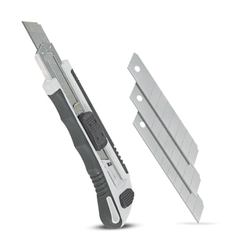 Image of FREEMANS 18mm Self-Loading Snap Off Cutter with Bi-Material Soft Rubbered Handle Grip, 3 Cutter Blades & Blade Storage Tray, Auto Lock Blade, Paper Cutter Blade For Office /Home /School Purpose