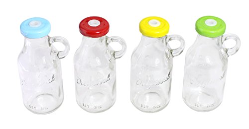 Modern Reusable Glass Milk Bottle with Small Handle and Opening for Straws- One Set of 4, Green, Red, Blue, and Yellow