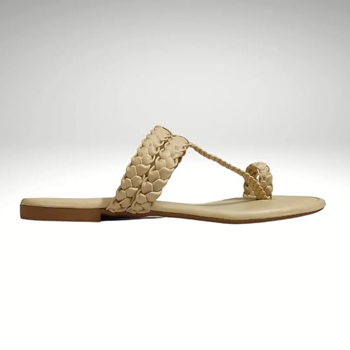 Image of Women's Round Toe Flats Sandal | Hand Braided Toe Ring Sandals | Dailywear Slippers Under 500 | Open Toe Kolhpauri Style chappal for Ethnic and Casual Occassions.