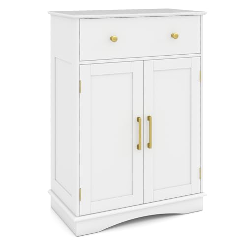 COSTWAY Bathroom Floor Cabinet, Freestanding Storage Cupboard with Drawer, 2 Doors and Adjustable Shelf, Modern Wooden Bathroom Unit Side Cabinet for Living Room Hallway Kitchen, 56x30x80cm (White)