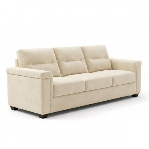Image of FURNY Parker 3 Seater Fabric Sofa Set with Velvet Finish | Durable Comfort | Ideal for Living Room | Modern Design (Cream)