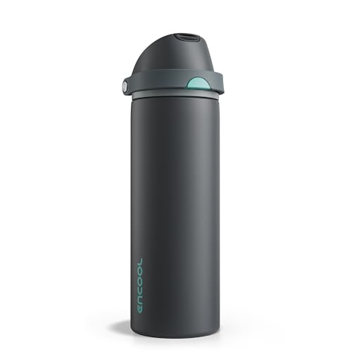 Image of Insulated Water Bottle with Straw - Encool Stainless Steel Water Bottle with Push Button Lid, Leak-Proof & BPA-Free, Keeps Cold for 24 Hours for Sports, Travel, Gym (24 oz, Tuna Grey-Green)