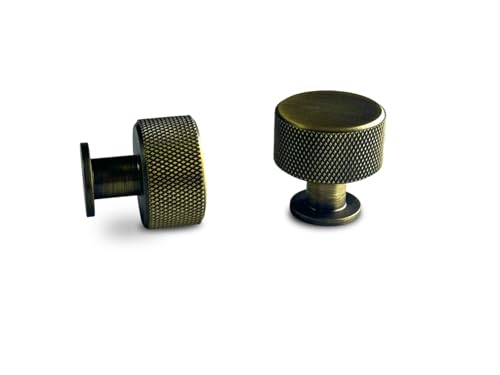 QCAA Solid Brass Kitchen Drawer Knob, 1-1/8", Knurled, for Dresser and Furniture Cupboard Wardrobe, Antique Brass, 4 Pack, Made in Taiwan