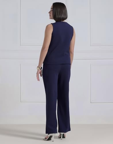 Image of Selvia Navy Blue Lycra Co-ord Set for Women, Button Detail Waist Top and Trouser Pant