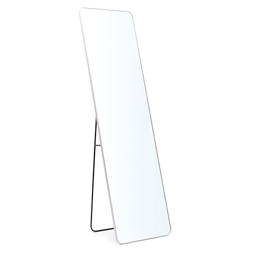Image of Artspire Home Elegant Round Corner Wall Mirror | Aluminium Frame, Explosion-Proof Sheet with Stand |Dressing Mirror for Bedroom, Entryway, Walk-in Closet & Foyer Home & Office (White, 45x155CM)