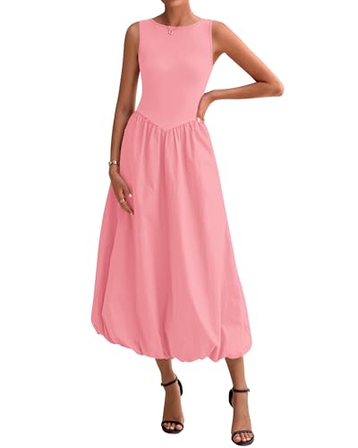 BTFBM Women's 2025 Summer Casual Sleeveless Midi Dress Patchwork Knit Tank Bubble Long Flowy Beach Maxi Sundress Pockets