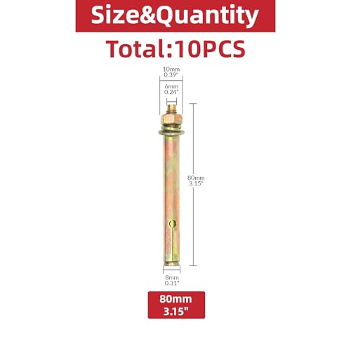 Image of 10 Pcs 80mm Hex Nut Expansion Bolt Sleeve Anchors Standard Fasteners for Heavy-Duty Zinc Wedge Anchors for Cement and Concrete