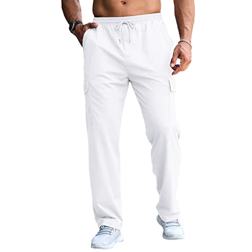 CTU Mens Fashion Baggy Sweatpants Lightweight Workout Cargo Sweatpants Athletic Pants Open Bottom Joggers with Pockets White