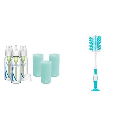 Dr. Brown's Anti-Colic Options+ Narrow Glass Baby Bottles 8oz and Level 1 Slow Flow Nipple, 3-Pack 0m+ and Mint Silicone Sleeves and Deluxe Bottle Brush w/Suction Cup Stand and Bonus Brush Blue
