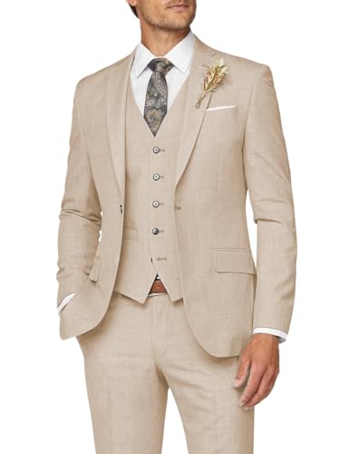 Men's 3 Pieces Linen Suits One Button Jacket Single Breasted Vest Pants Set Slim Fit Wedding Suits for Mens