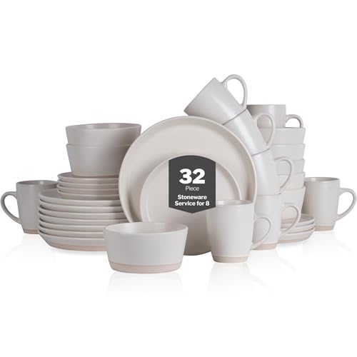 Image of Stone Lain Jules Modern Stoneware 32-Piece Round Dinnerware Set, Plates and Bowls Sets, Dish Set for 8, White