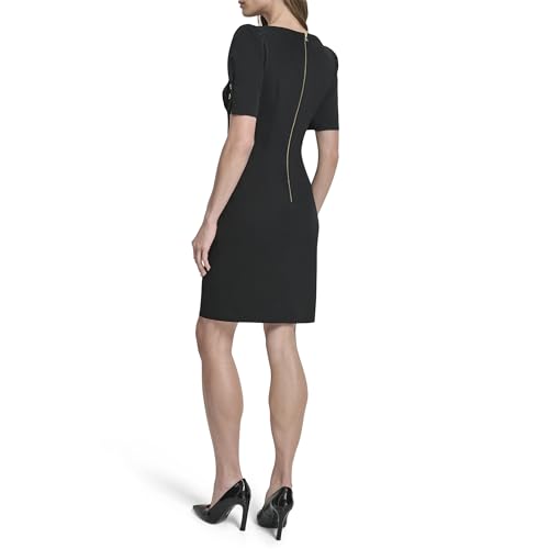 Image of DKNY Women's Short Sleeve Ruched Knee Length Sheath Dress with Button Detail