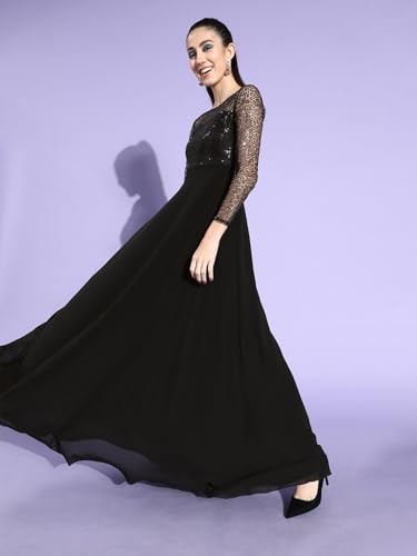 Image of Miss Chase Women's Round Neck Sleeve Embellished Fit Flare Maxi Dress