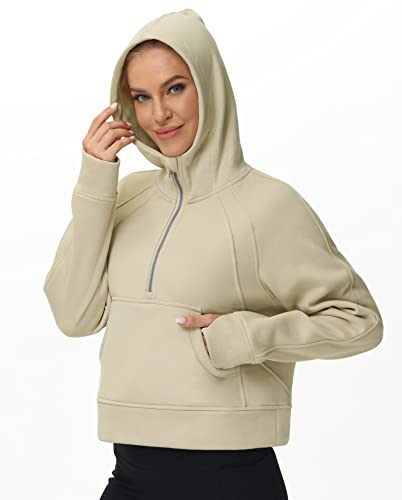 Women’s Hoodies Half Zip Long Sleeve Fleece Crop Pullover Sweatshirts With Pockets Thumb Hole Khaki #TOP3