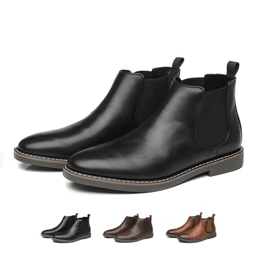 Men's Leather Chelsea Dress Boots Fashion Classic British Style Pointed Toe Elastic Band Slip On Oxford Boots Casual Business Formal Ankle Boots
