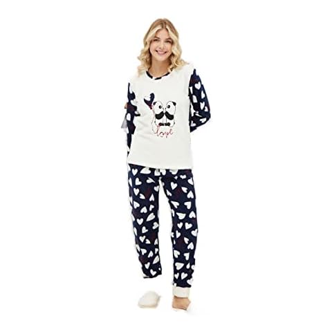 ACOUSMA L I Love Panda Bear Womens Winter Pyjama Soft Ladies Pyjama Set Blue White Heart Cover