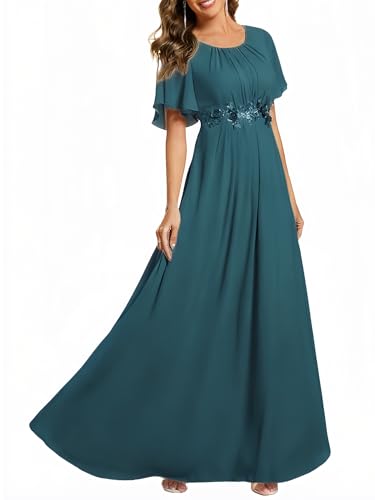 Ever-Pretty Women's Classic Round Neck Pleated Short Sleeves Chiffon Appliques Floor Length A Line Formal Evening Dresses Teal US16